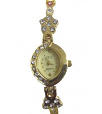 Round Shape Designer Dial Ladies Wrist Watch, Analog Quartz Watch, American Diamond Crafted Chain, Gold and Yellow Color